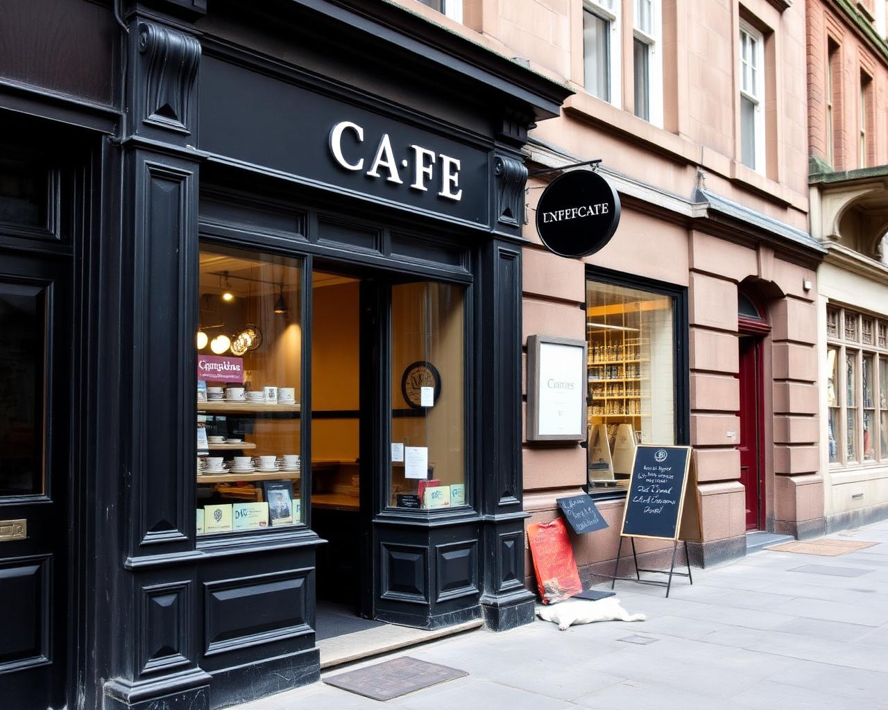 Independent cafe storefront on a Glasgow street
