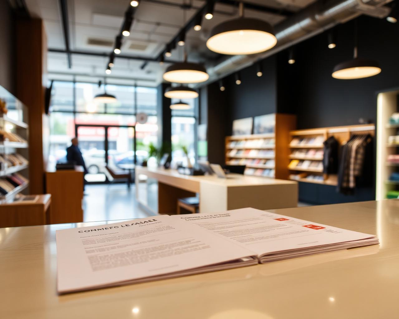 Commercial lease documents on a retail counter
